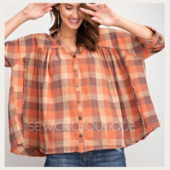 Rust Plaid Button Down Oversized Shirt - Picture 3 of 8